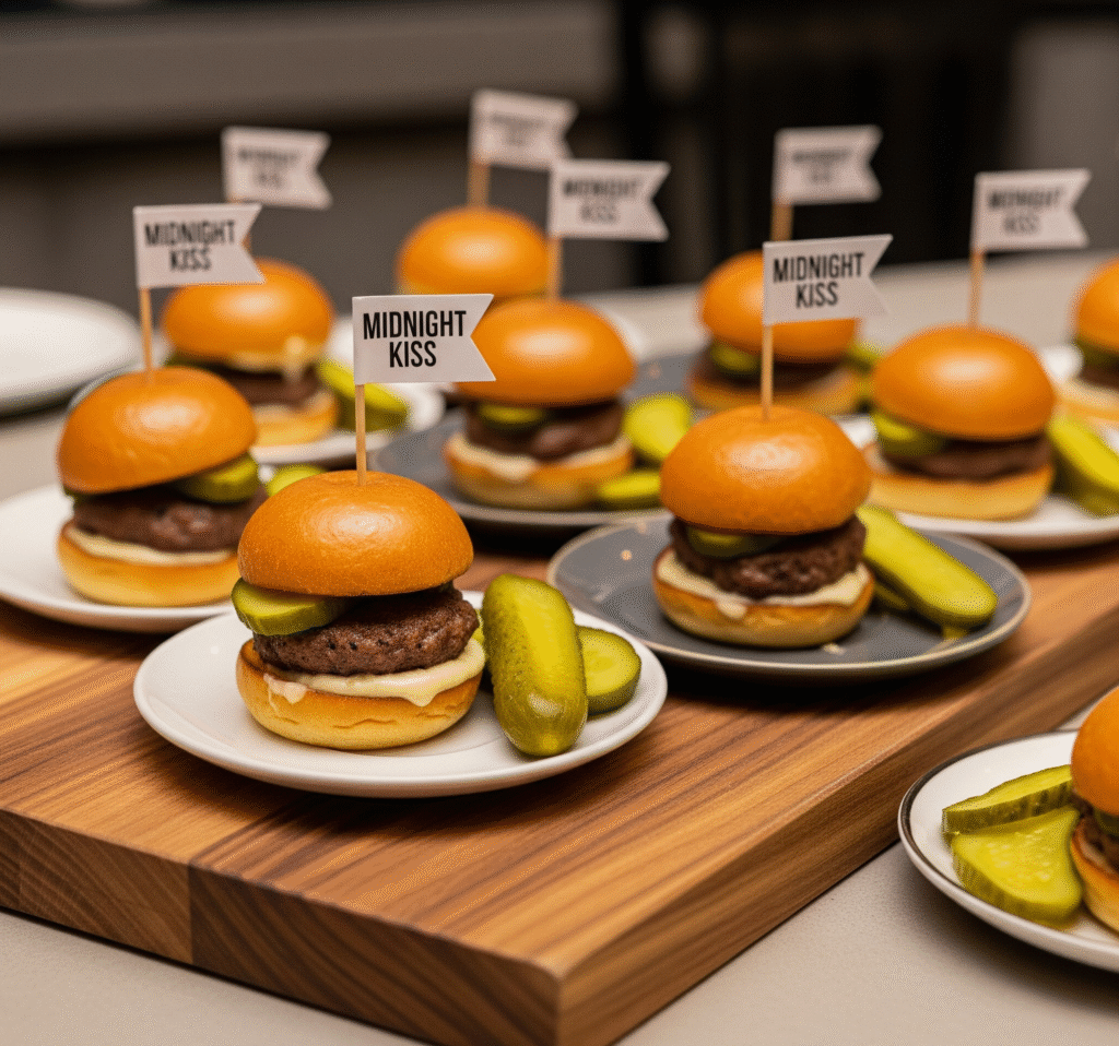 Mini sliders on a wooden serving board each topped with a small paper flag reading Midnight Kiss - Space Ideas World new year's eve party ideas