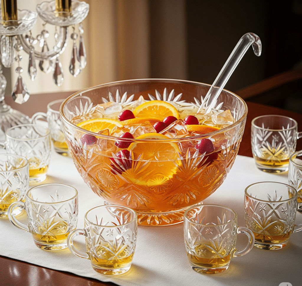 A vintage crystal punch bowl filled with sparkling golden punch floating orange slices and berries - Space Ideas World new year's eve party ideas
