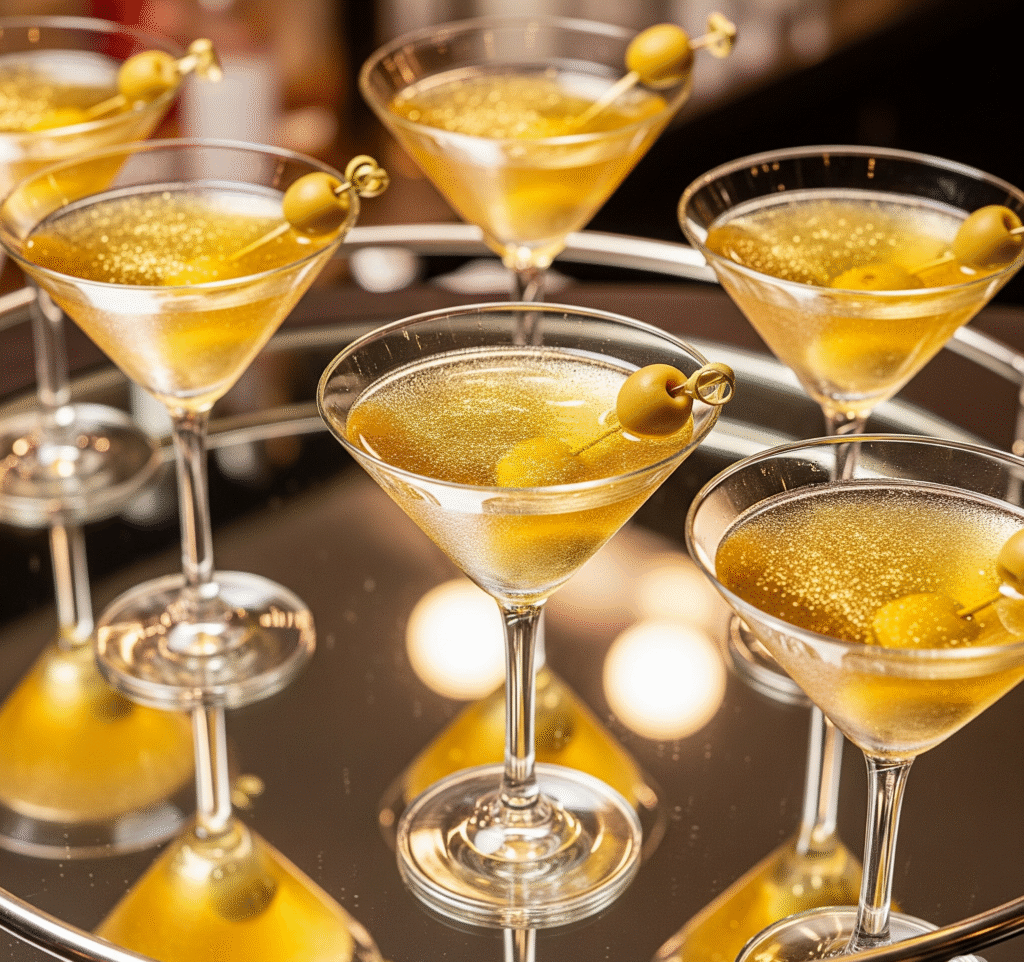 Martini glasses filled with golden cocktails - Space Ideas World new year's eve party ideas