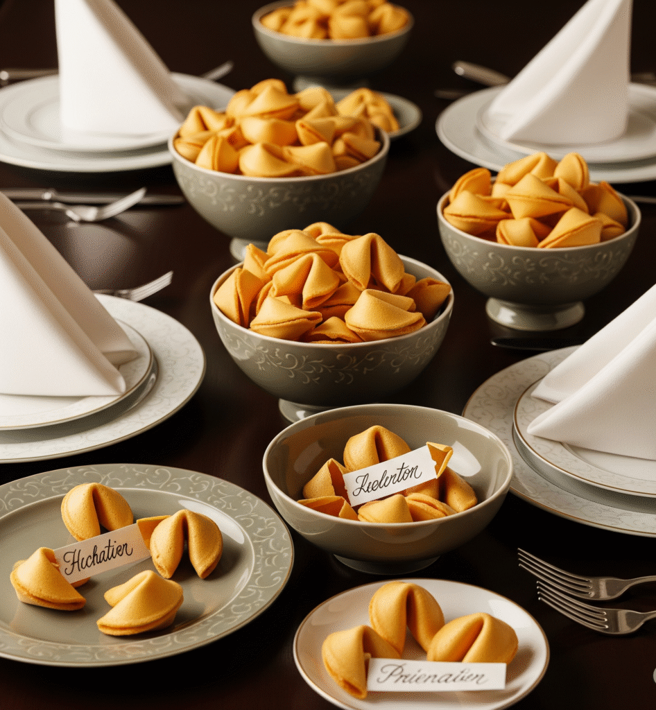 A dessert table featuring bowls of golden fortune cookies some opened to reveal handwritten - Space Ideas World new year's eve party ideas