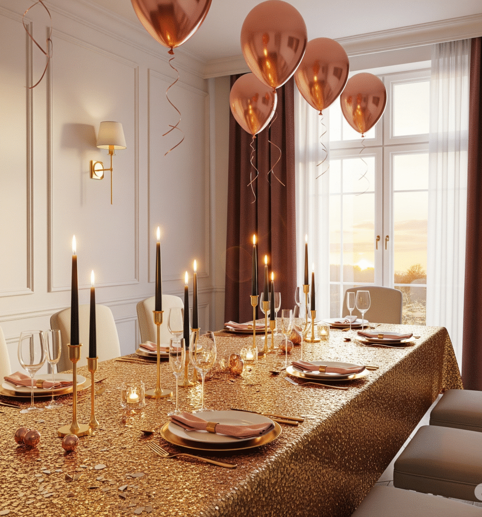 A dining room table covered in a shimmering gold tablecloth - Space Ideas World new year's eve party ideas