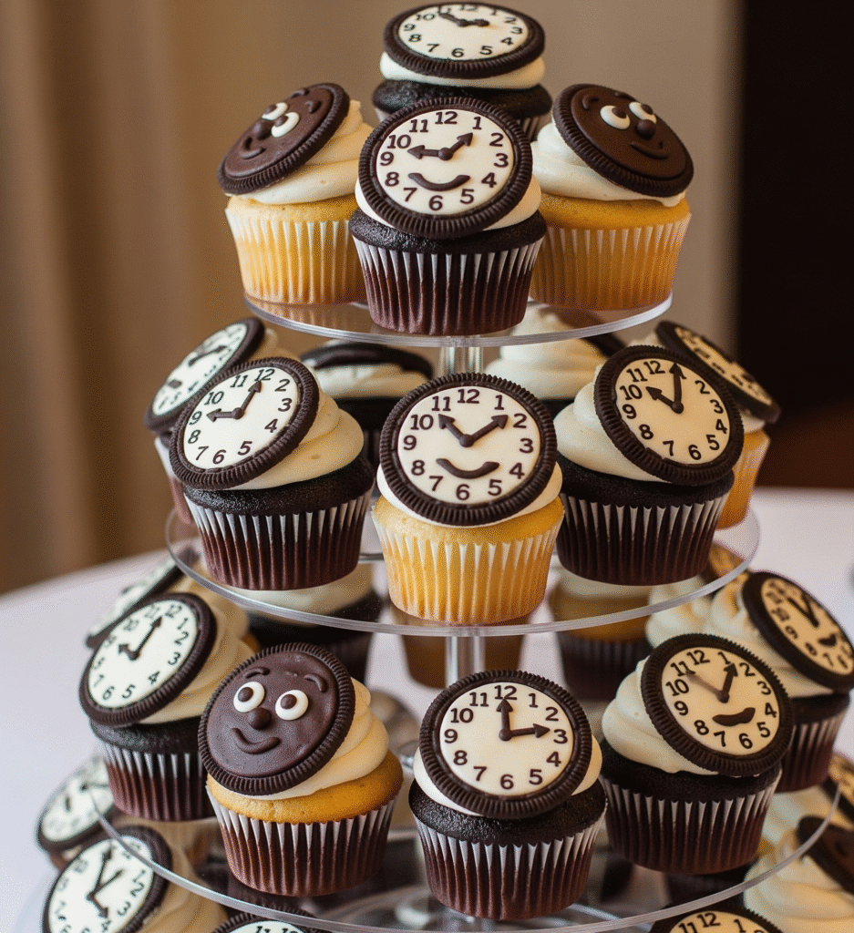 A tiered cupcake stand displaying cupcakes decorated to look like clocks - Space Ideas World new year's eve party ideas