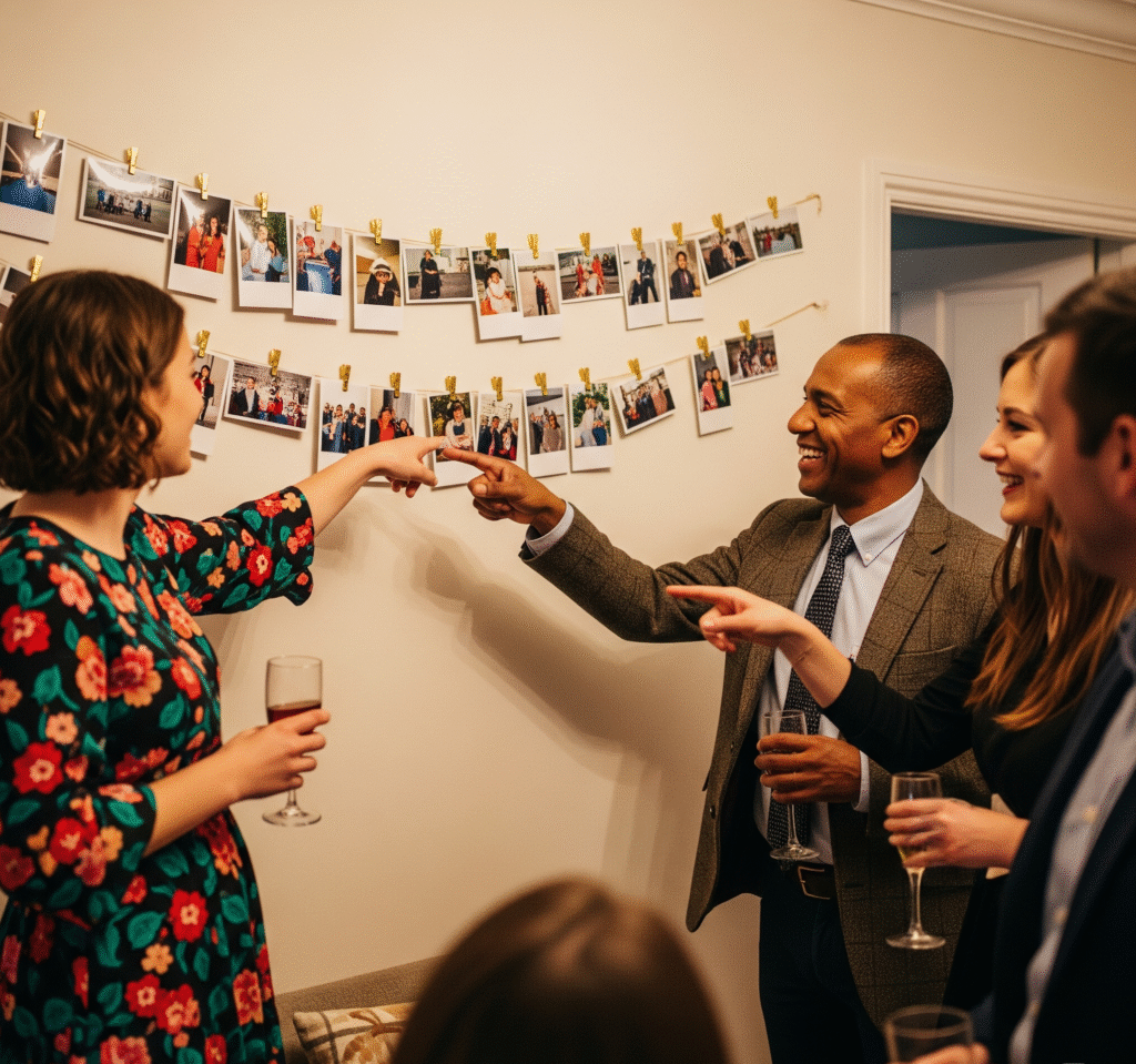 A string display across a wall with photos from the past year clipped with miniature gold clothespins guests pointing and reminiscing about memories - Space Ideas World new year's eve party ideas