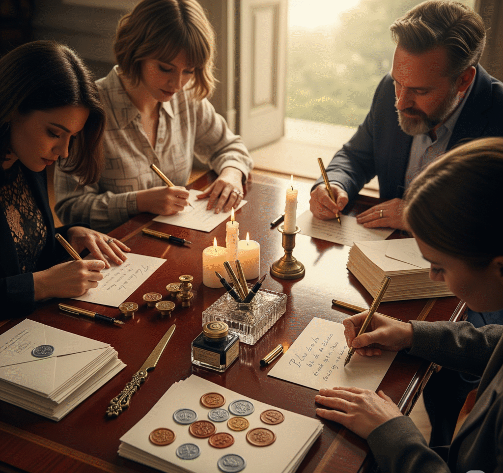 An elegant writing station with quality paper gold pens and wax seals - Space Ideas World new year's eve party ideas