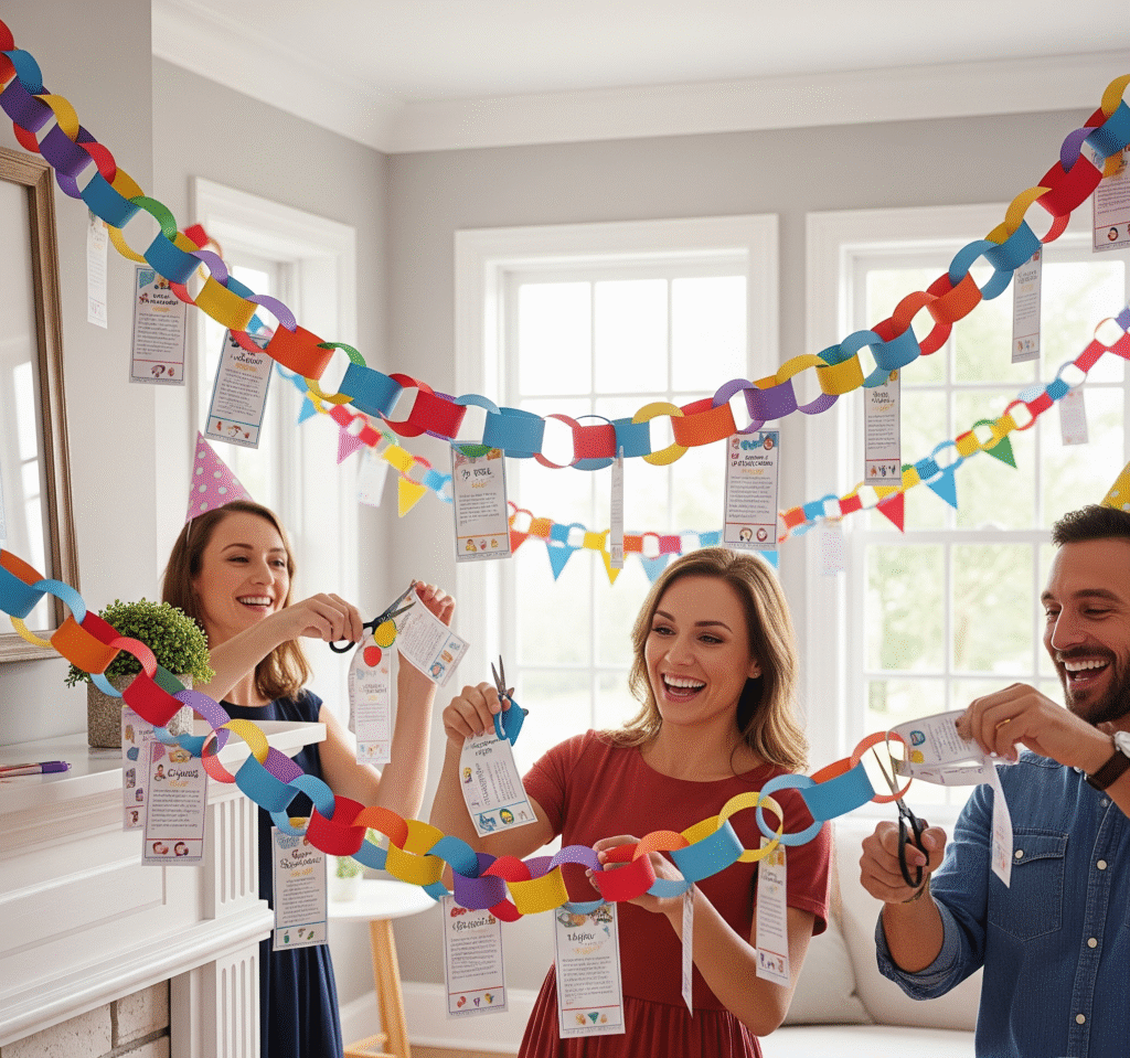 A colorful paper chain hanging across the room with guests excitedly cutting links - Space Ideas World new year's eve party ideas