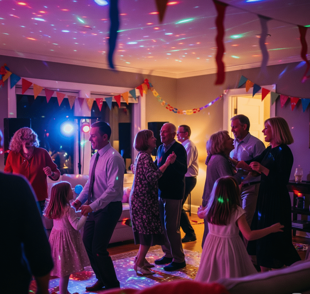 A living room converted to a dance floor with different colored lights - Space Ideas World new year's eve party ideas