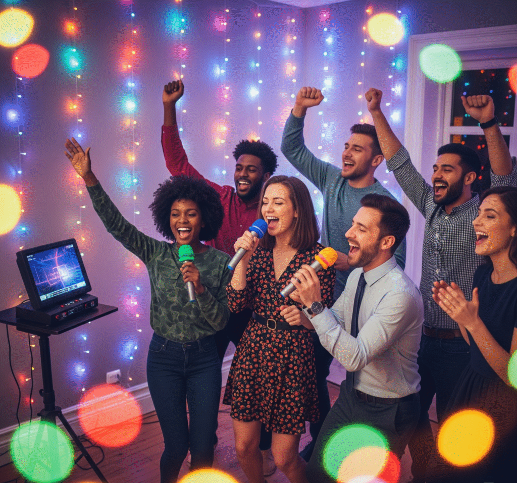 A cozy corner with a karaoke machine colorful lights and guests singing enthusiastically - Space Ideas World new year's eve party ideas