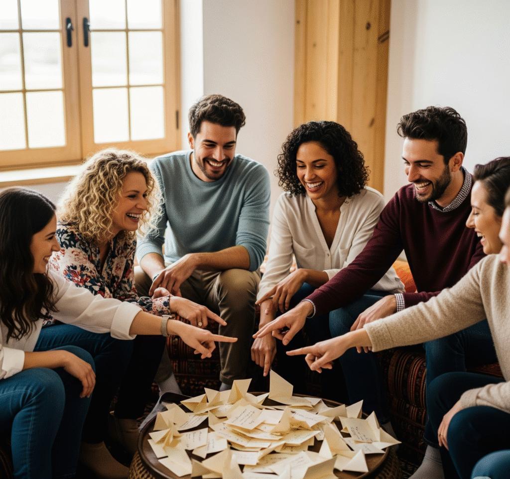 Guests sitting in a circle with folded papers in the center - Space Ideas World new year's eve party ideas