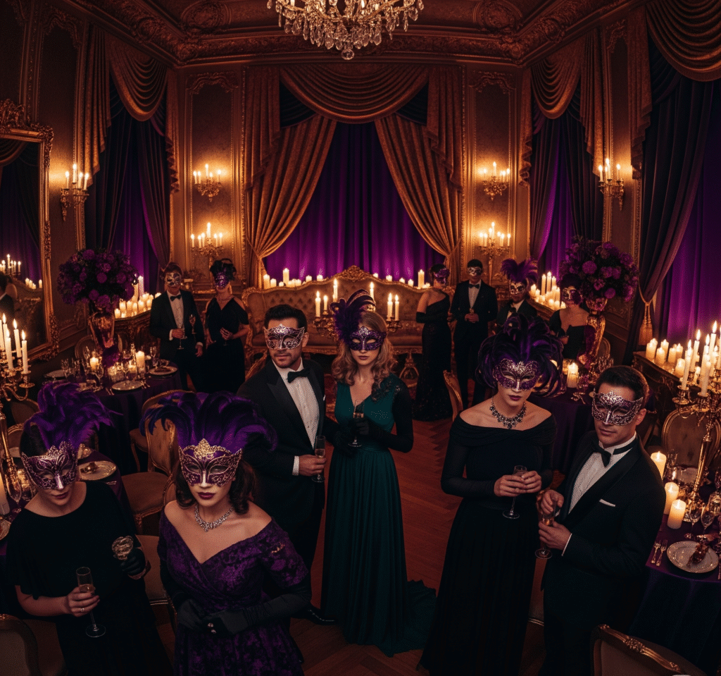 Elegant-guests-wearing-ornate-masquerade-masks-in-deep-purples-and-golds.png - Space Ideas World new year's eve party ideas