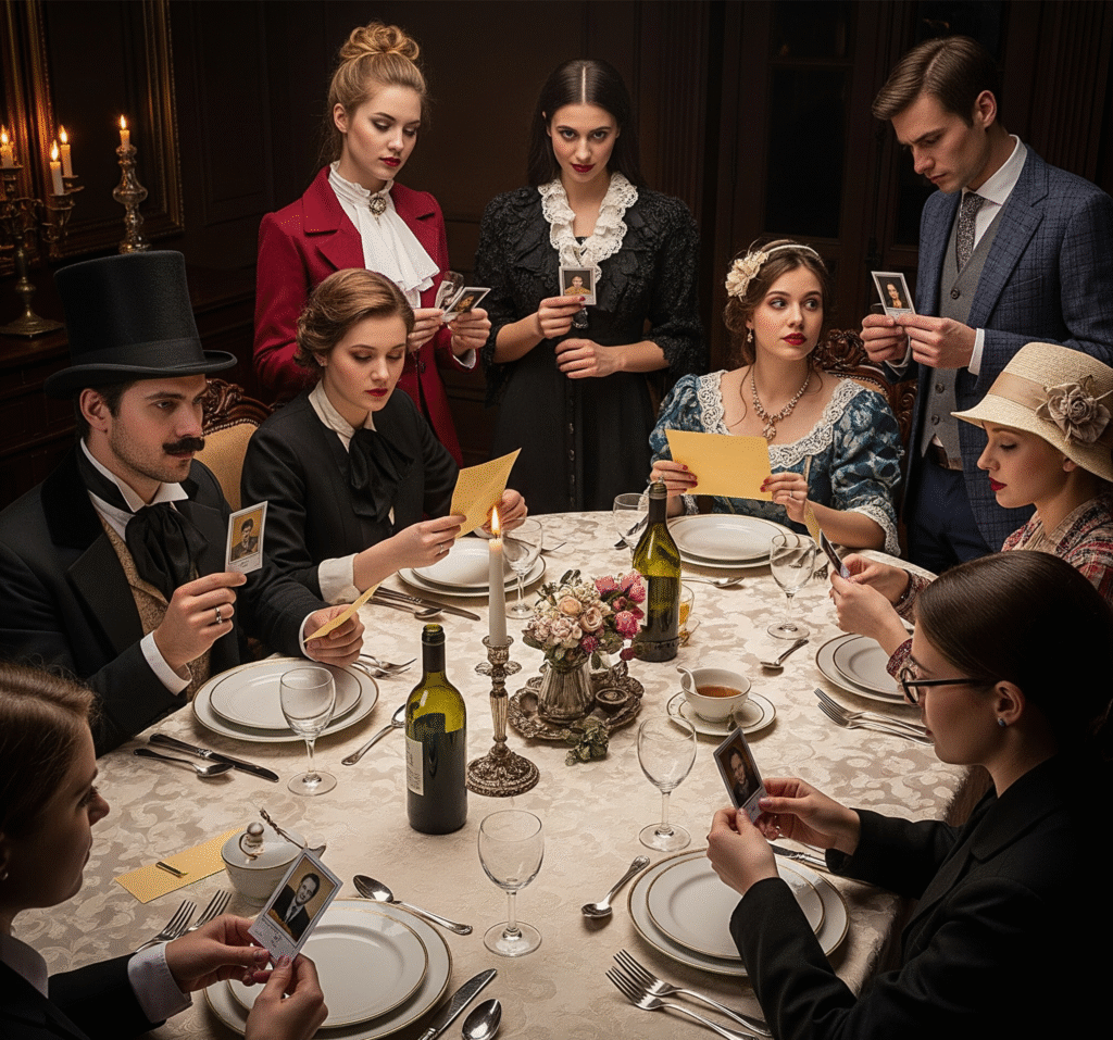 Guests dressed in character costumes around a dining table - Space Ideas World new year's eve party ideas
