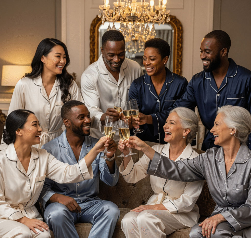 Guests in elegant pajamas and robes lounging comfortably with champagne glasses - Space Ideas World new year's eve party ideas