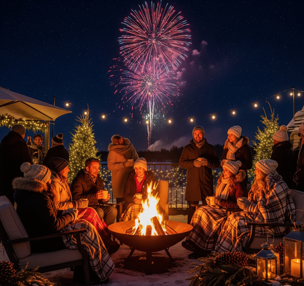 An outdoor patio with a roaring fire pit guests in winter coats - Space Ideas World new year's eve party ideas