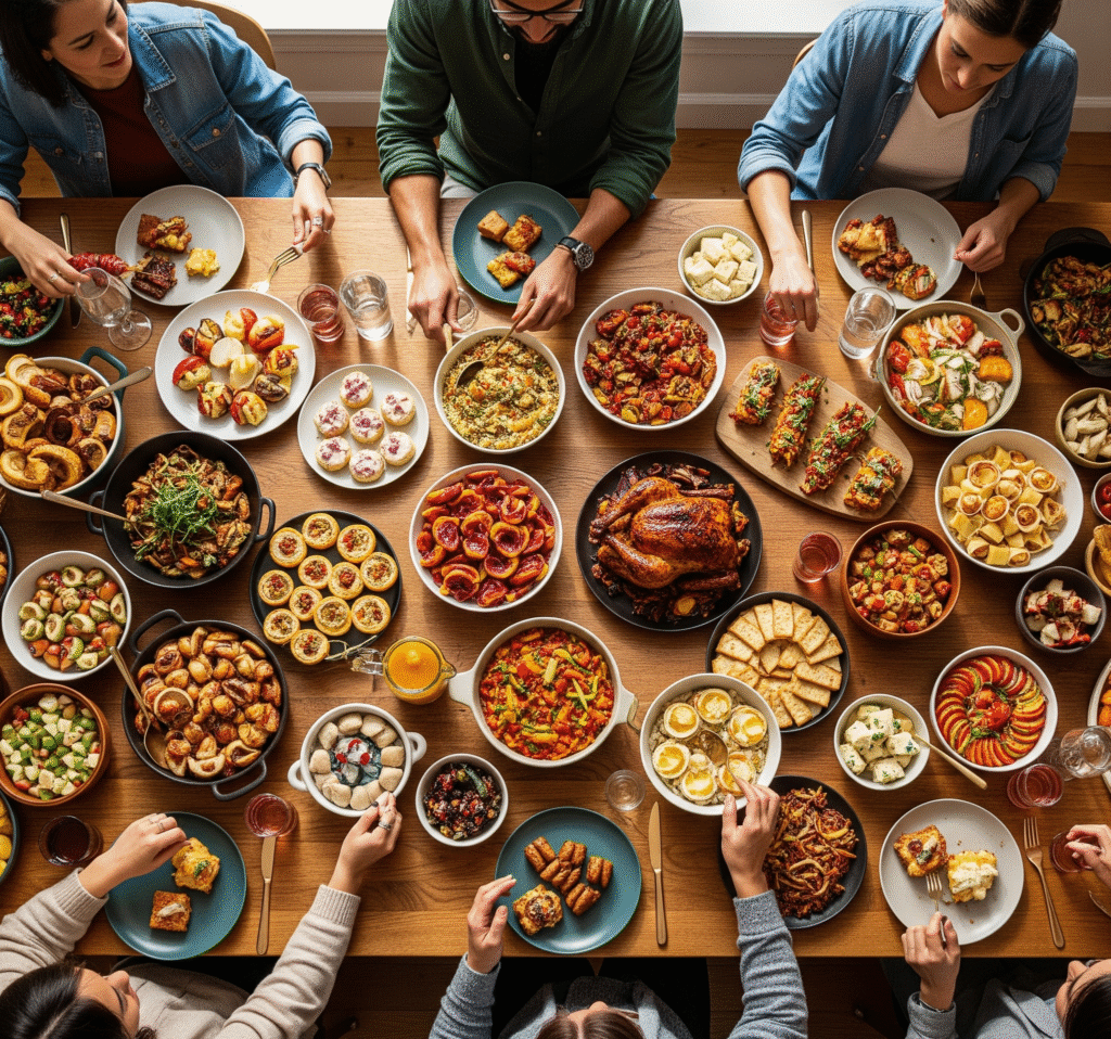 A dining table overflowing with diverse dishes - Space Ideas World new year's eve party ideas