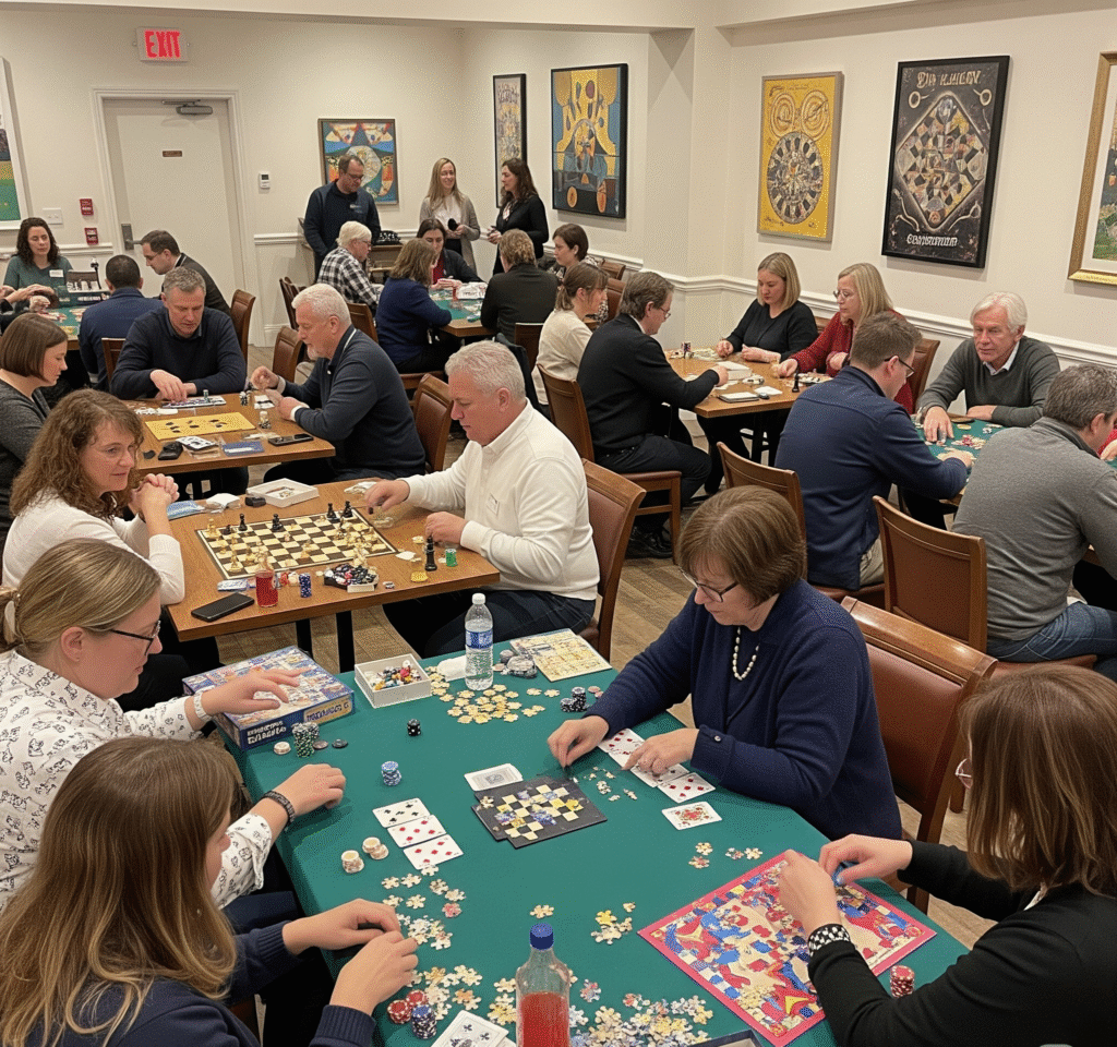 A room with multiple tables set up with different games - Space Ideas World new year's eve party ideas