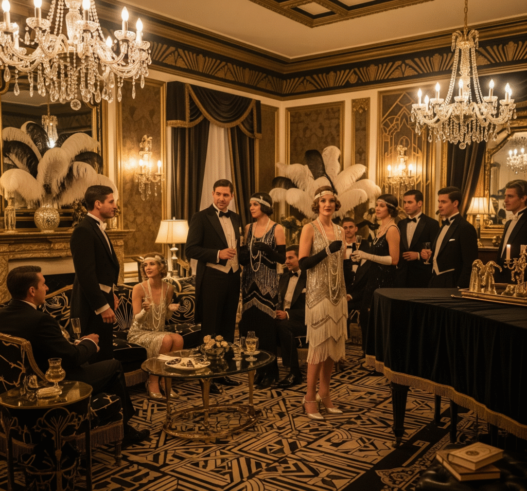 A living room decorated with art deco patterns featuring guests in 1920s attire - Space Ideas World new year's eve party ideas