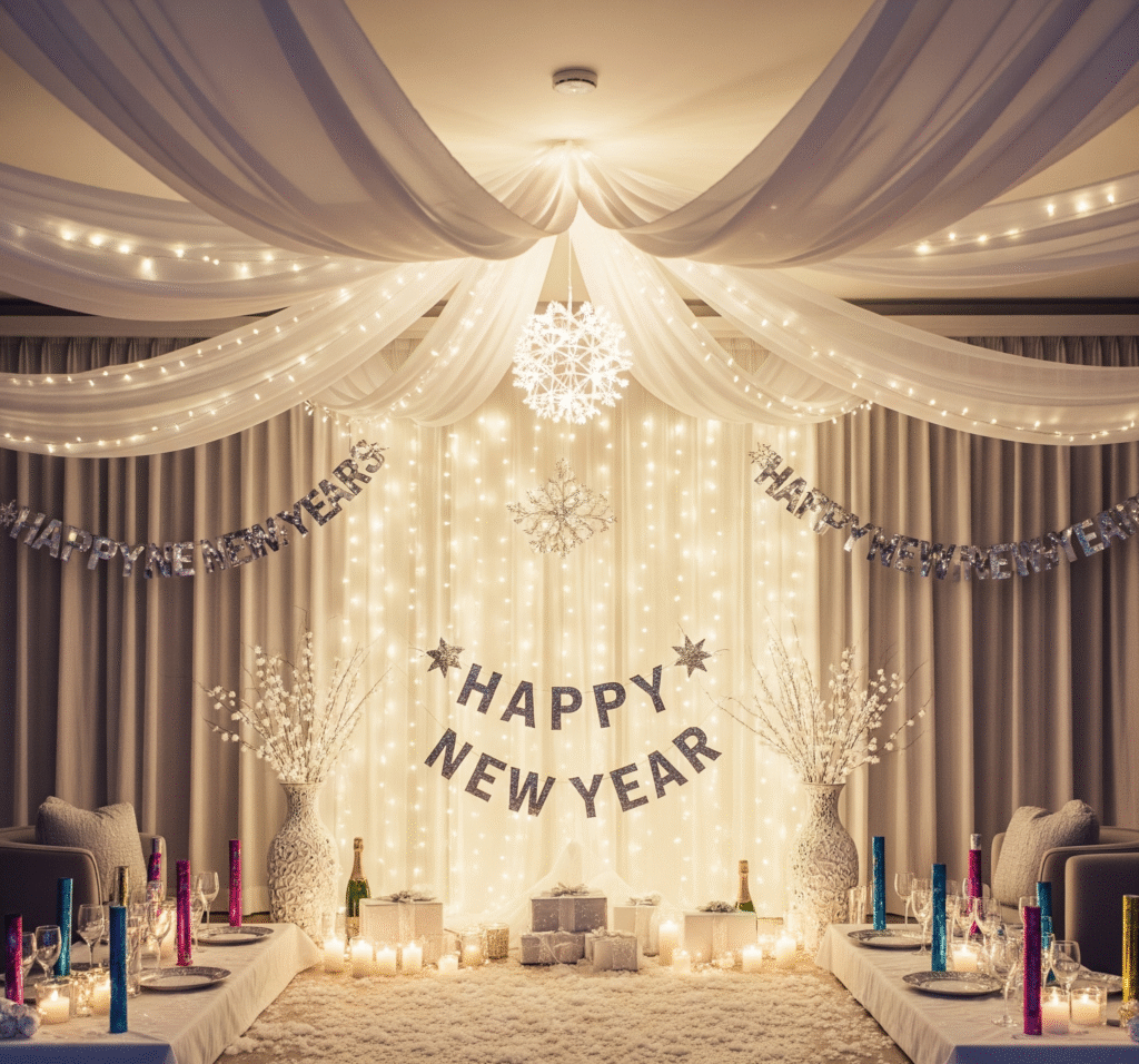 A room transformed with white fabric draped from the ceiling - Space Ideas World new year's eve party ideas