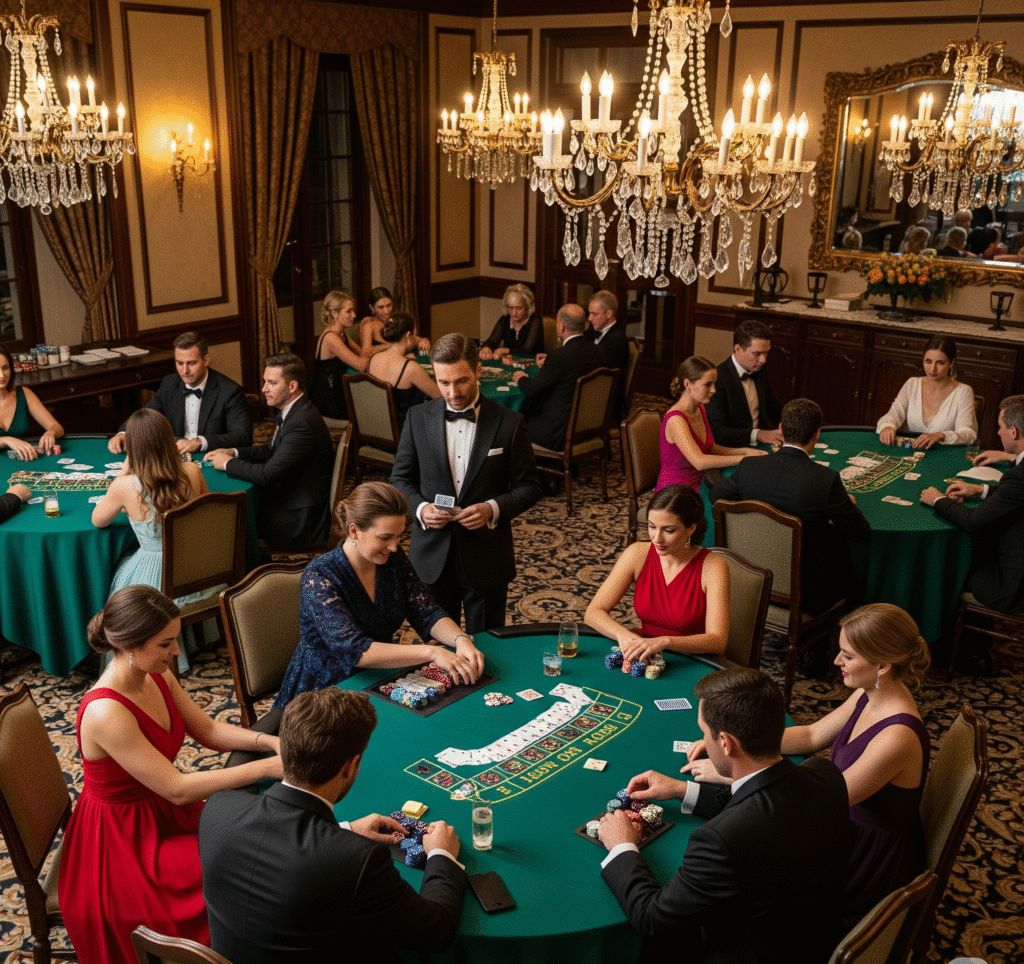 A dining room converted into a casino with green felt table coverings playing cards - Space Ideas World new year's eve party ideas