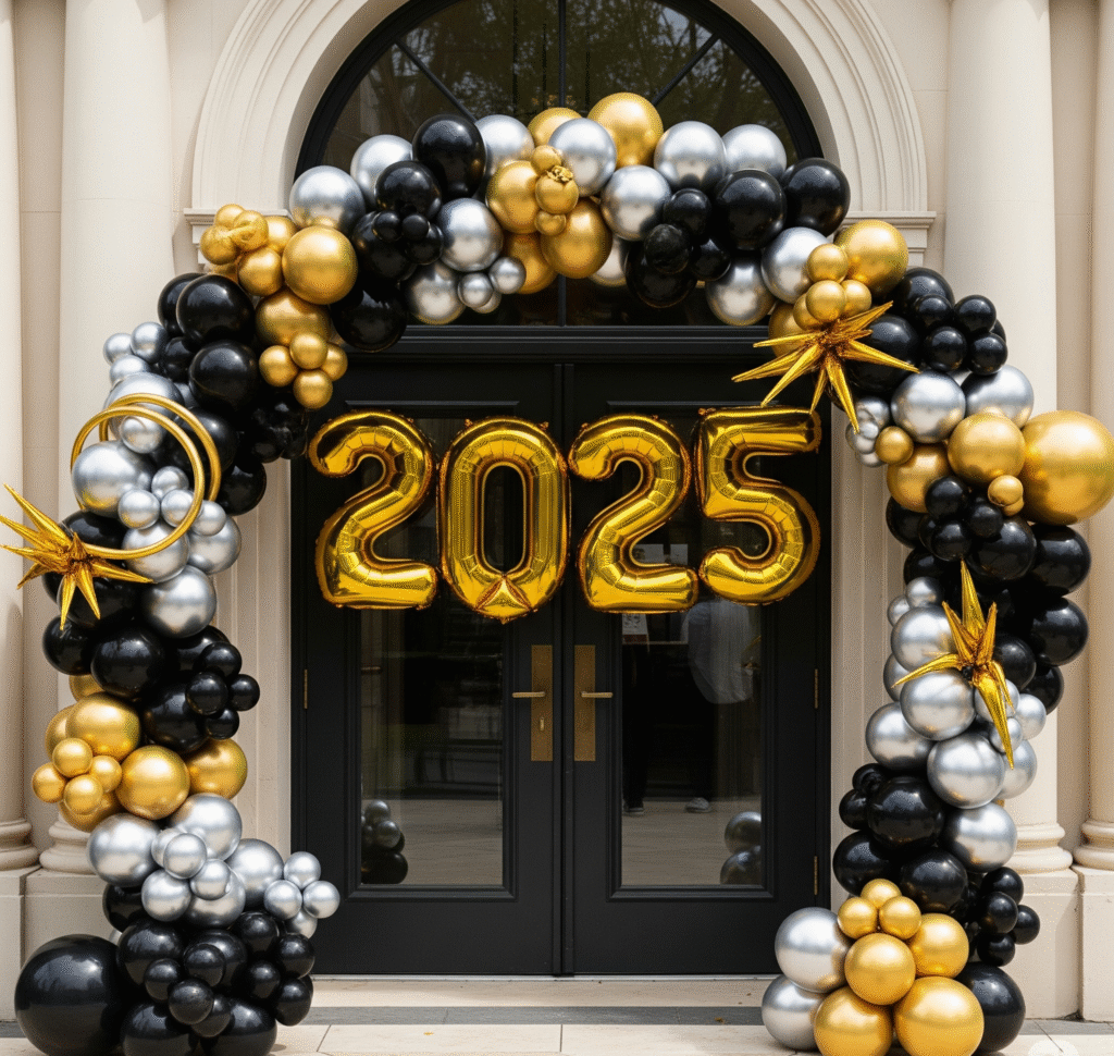 stunning balloon arch in black gold and silver framing a doorway entrance with 2025 number balloons prominently displayed in the center - Space Ideas World new year's eve party ideas