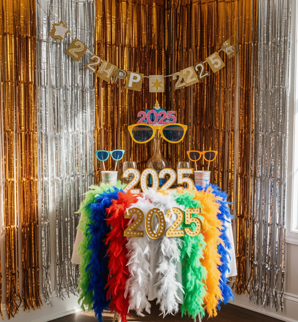 A corner decorated with shimmering metallic streamers as a backdrop - Space Ideas World new year's eve party ideas