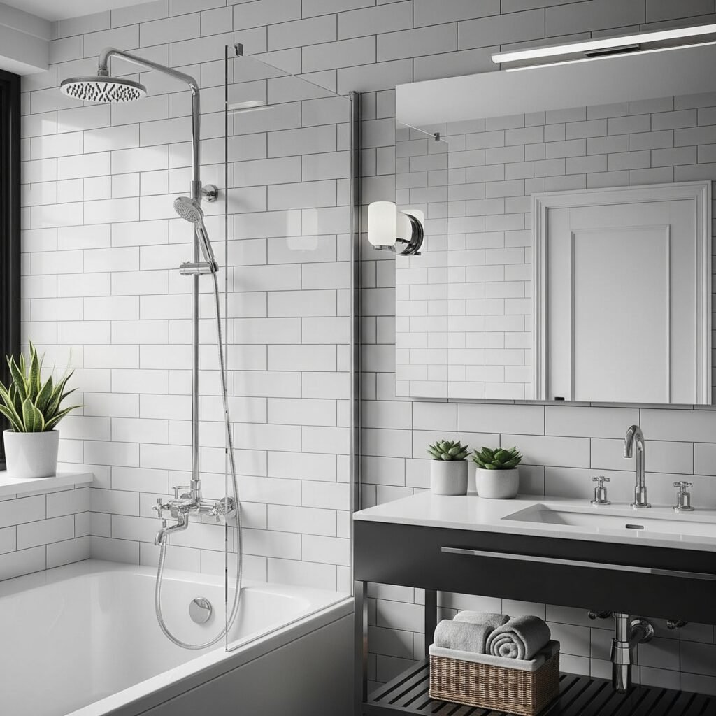 Monochrome Subway Tile Layout - Space Ideas World Bathroom Themes Ideas