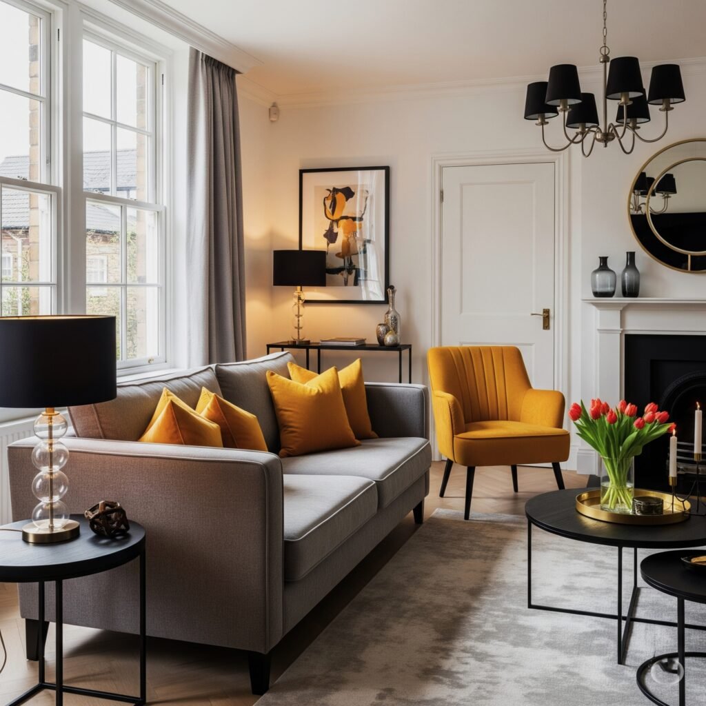 Mustard YellowThe Sunshine Maker - Space Ideas World lounge ideas with grey sofa