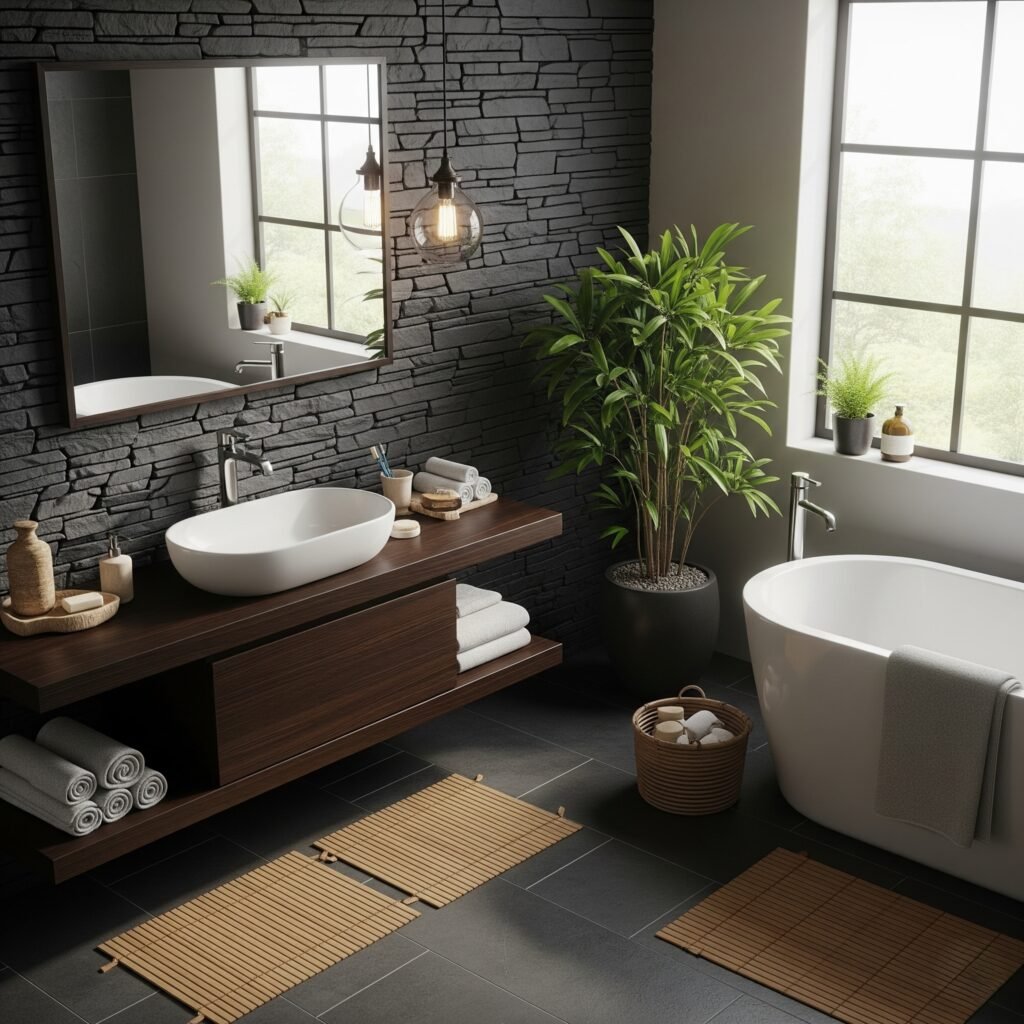 Natural Stone Feature Wall - Space Ideas World Bathroom Themes Ideas