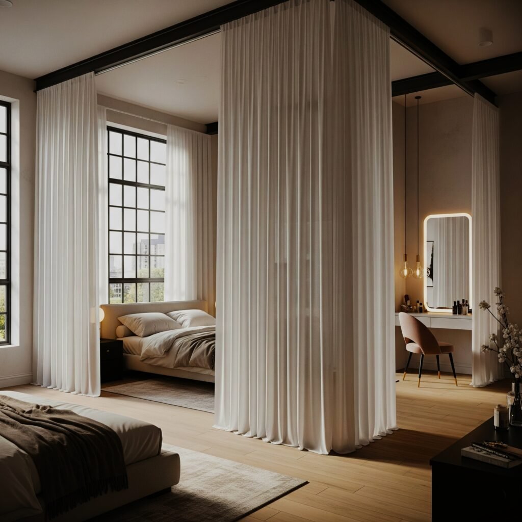 Panel Room Dividers - Space Ideas World Bedroom drapery ideas
