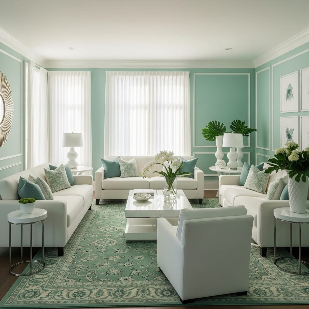 Seafoam Green and White Fresh - Space Ideas World Living Room Color Schemes