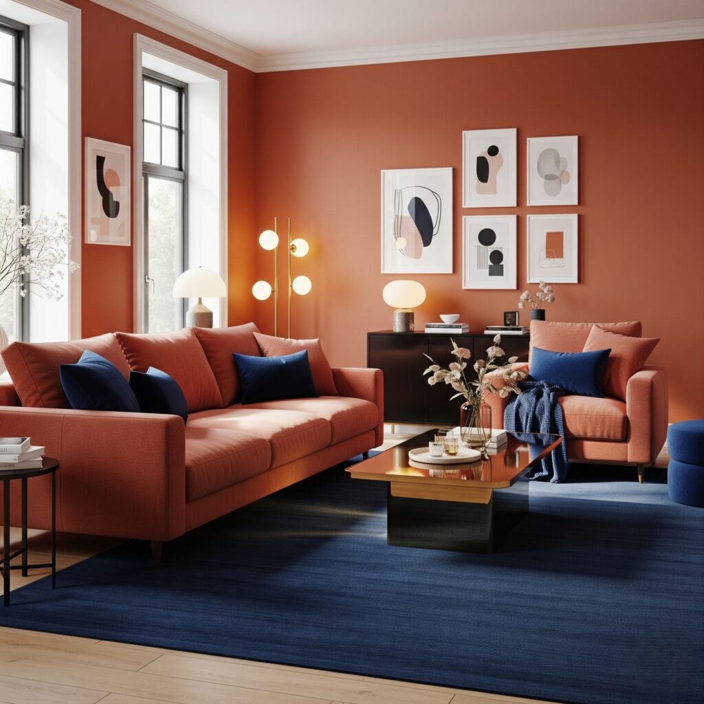 Terracotta and Navy Partnership - Space Ideas World Living Room Color Schemes