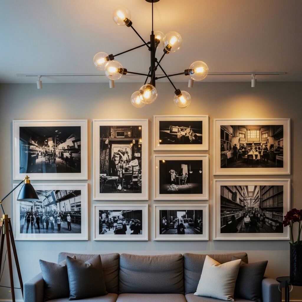 The Art Gallery Wall - Space Ideas World lounge ideas with grey sofa