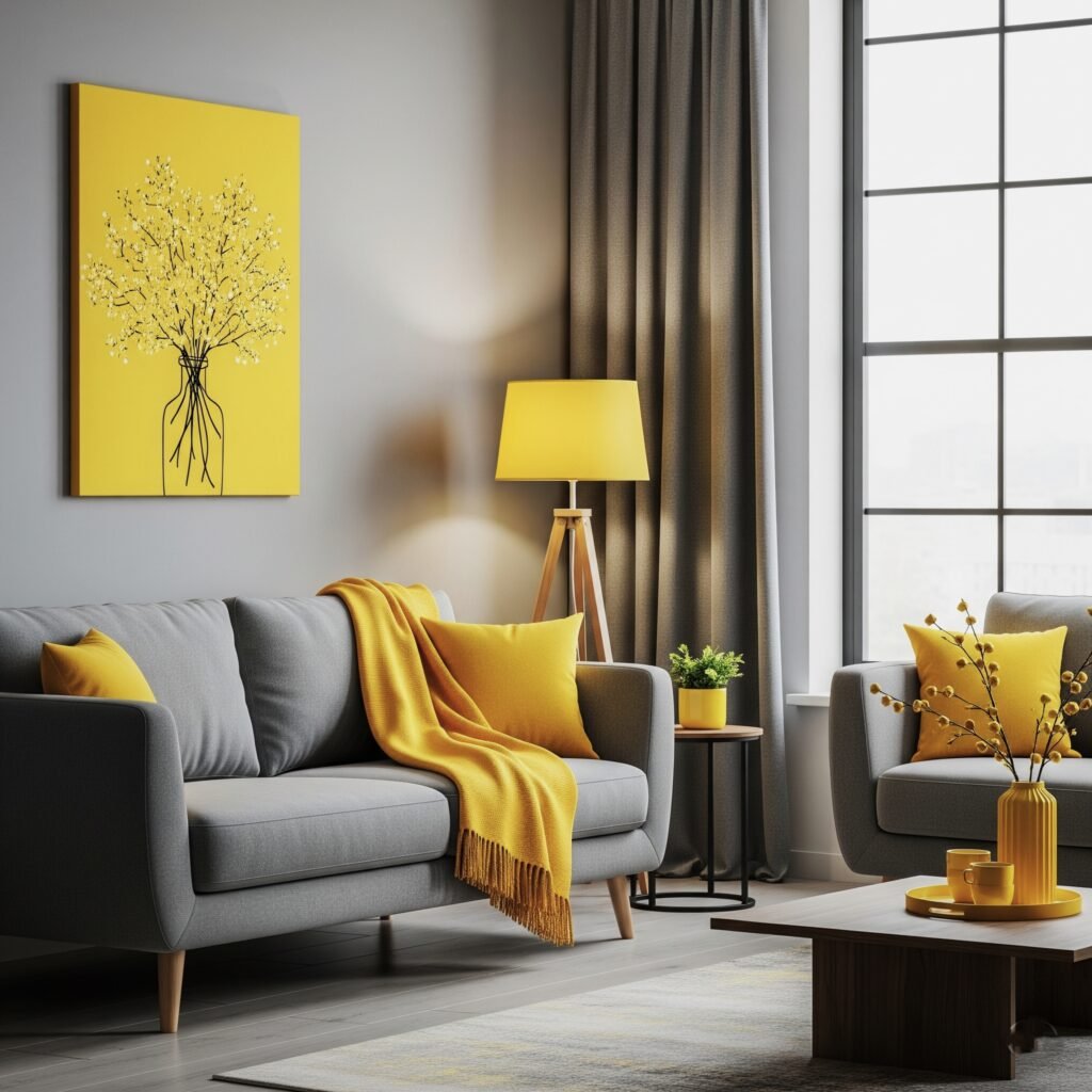 Vibrant Yellow Pops - Space Ideas World Grey Couch Living Room Ideas