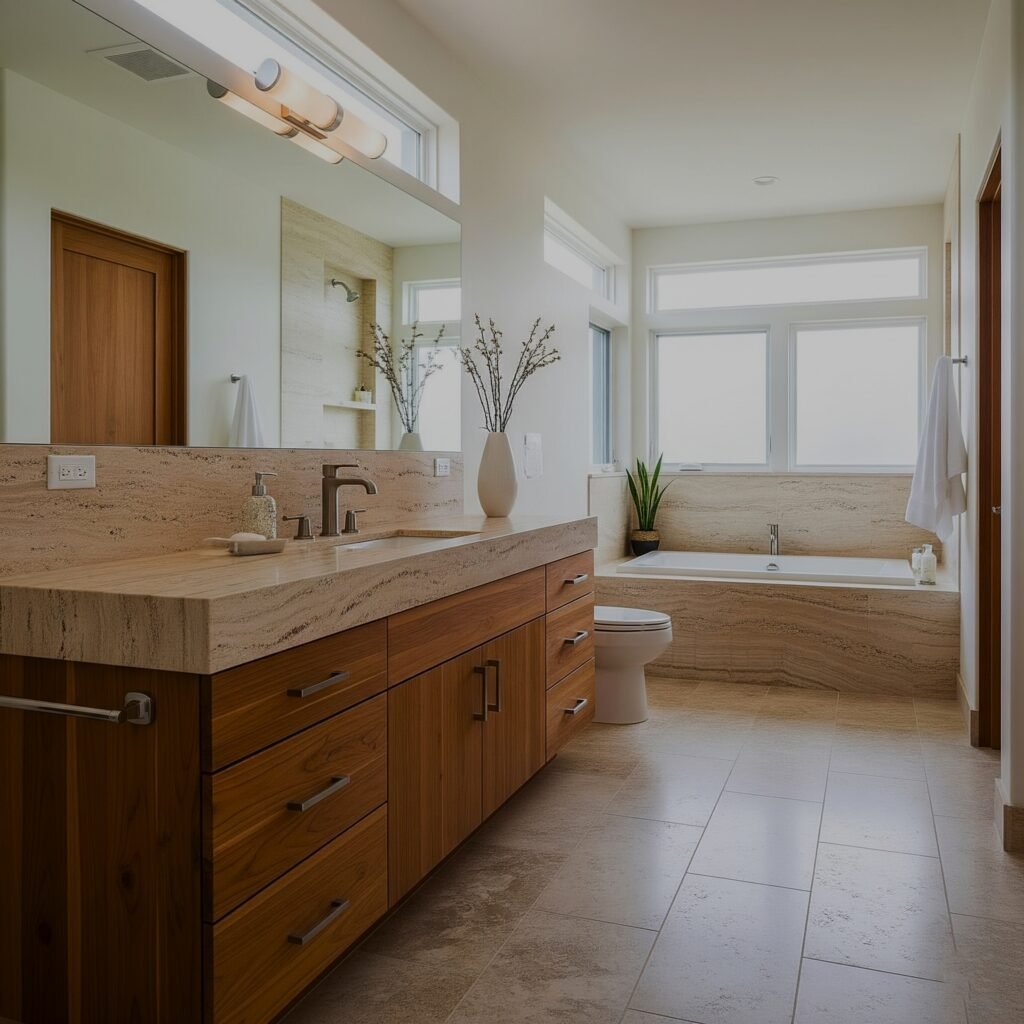 Warm Wood and Stone Combination - Space Ideas World Bathroom Themes Ideas