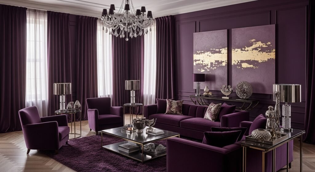 Deep Purple and Metallic Accents - Space Ideas World Living Room Color Schemes