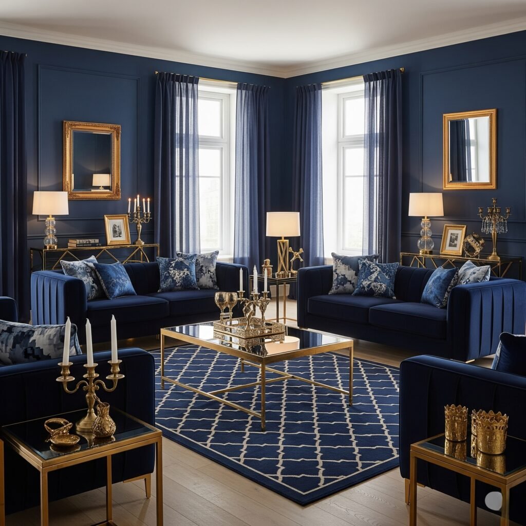 Navy Blue and Brass Elegance - Space Ideas World Living Room Color Schemes