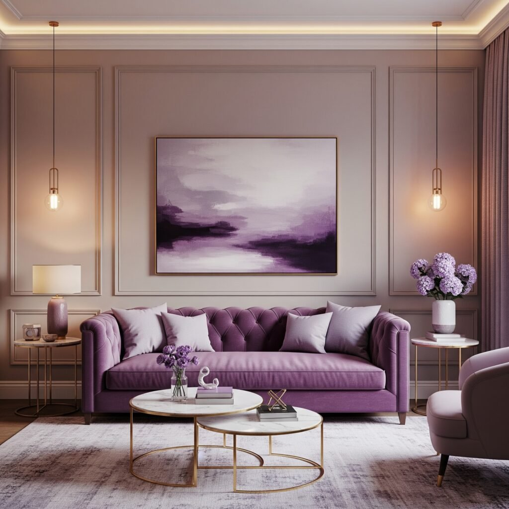 Soft Purple and Mushroom Elegance - Space Ideas World Living Room Color Schemes