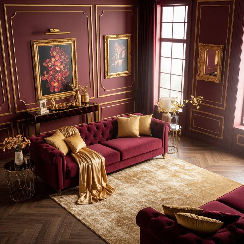Burgundy and Gold Opulence - Space Ideas World Living Room Color Schemes