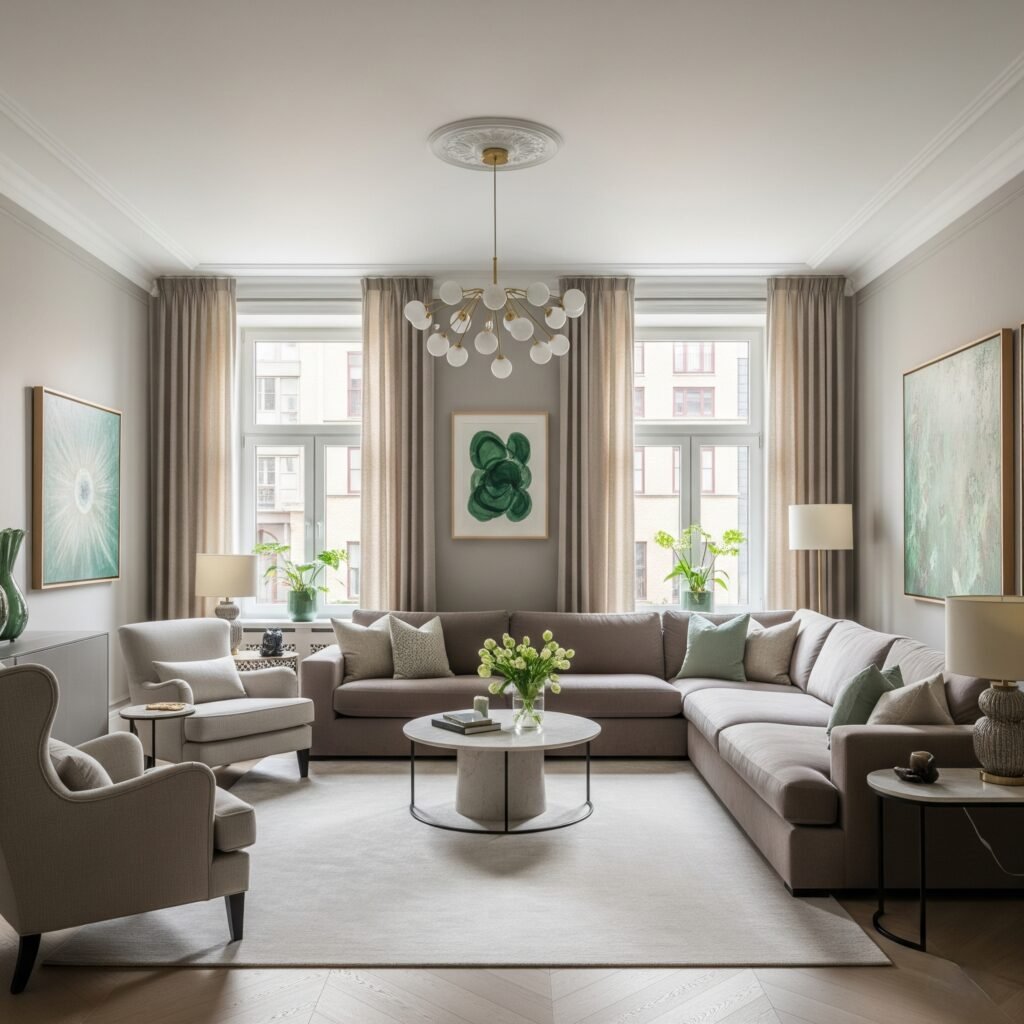 Greige and Soft Accents - Space Ideas World Living Room Color Schemes
