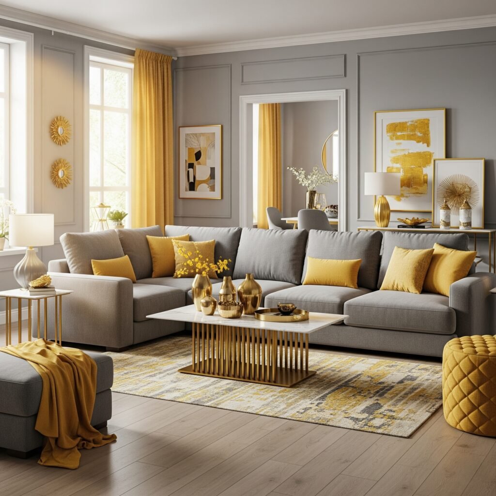 Golden Yellow and Soft Grey - Space Ideas World Living Room Color Schemes