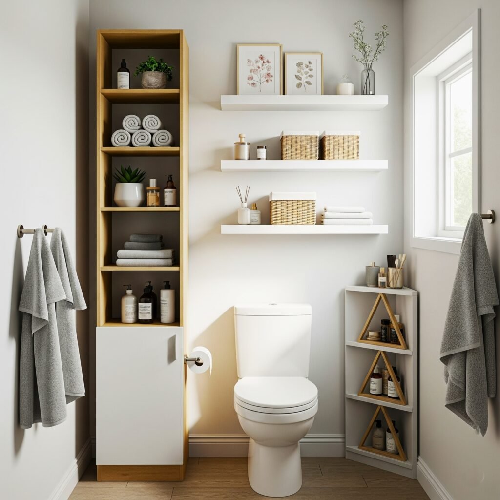 Small bathroom renovation vertical storage - Space Ideas World bathroom redo ideas