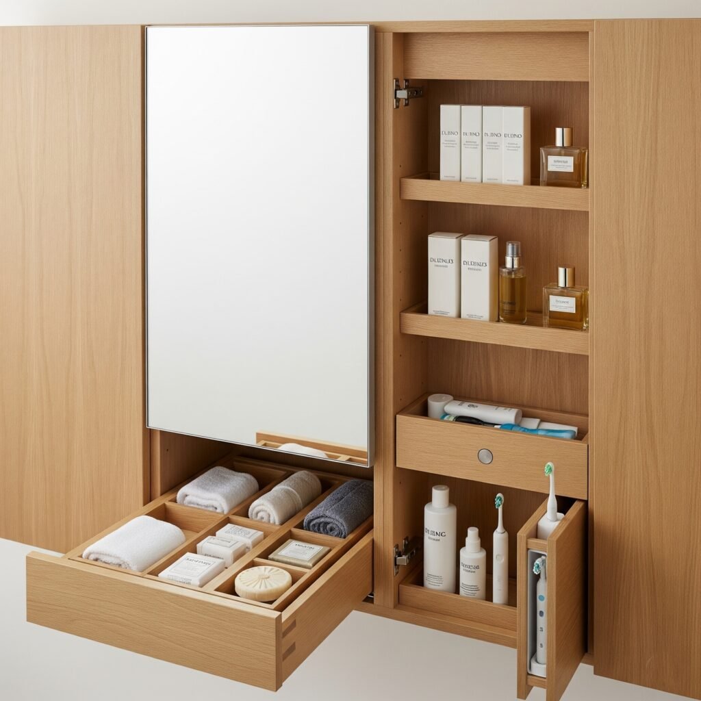Close-up of built-in bathroom storage solutions - Space Ideas World Bathroom redo ideas