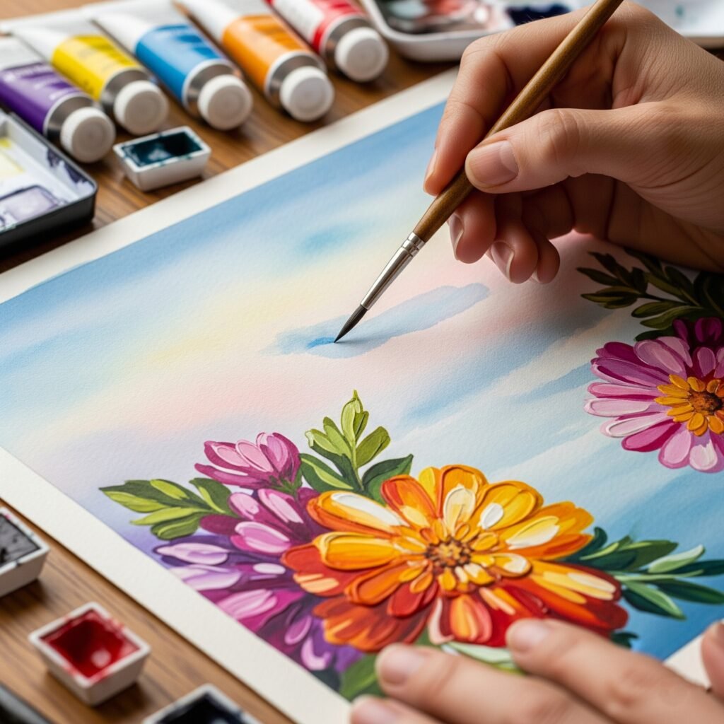 Artist painting with both watercolor and gouache techniques - Space Ideas World gouache painting