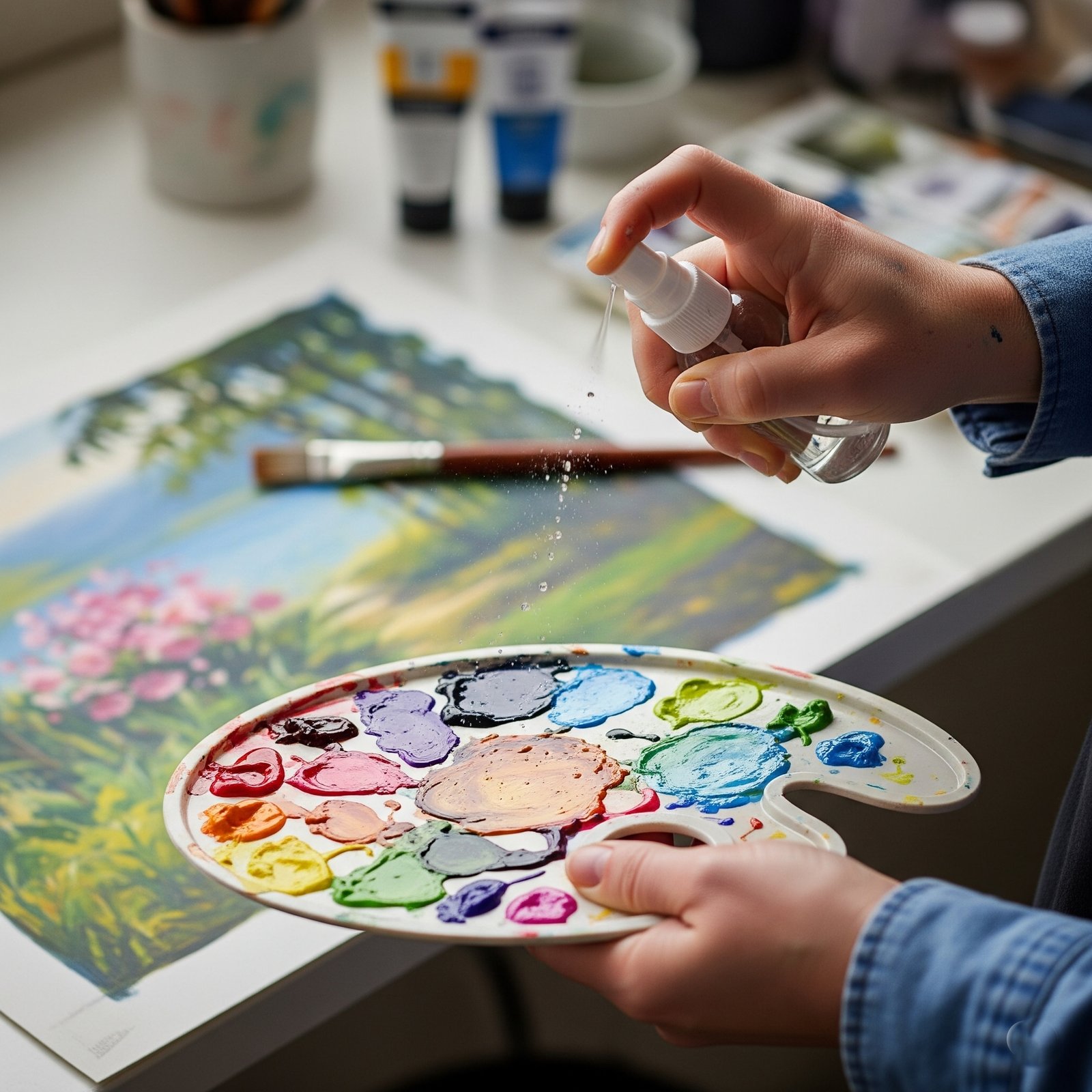 Artist using spray bottle - Space Ideas World gouache painting