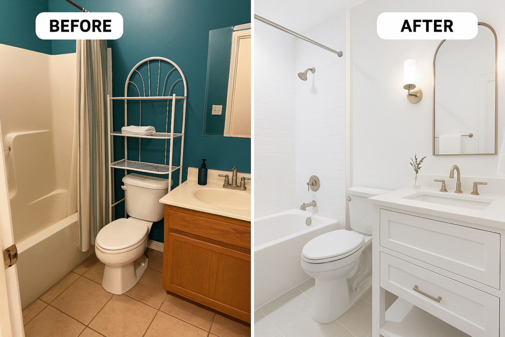 before after teal to white elegant transformation - Space Ideas World Bathroom remodel