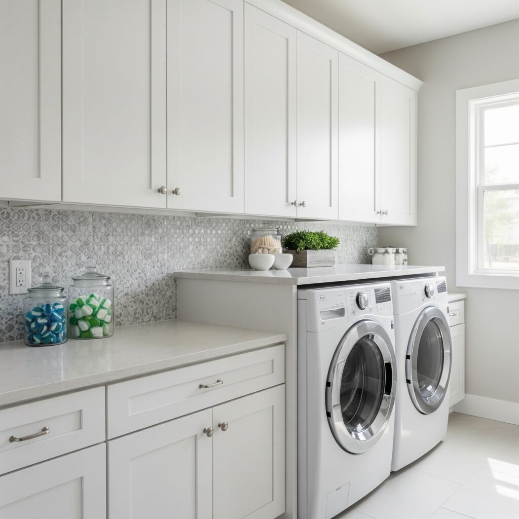 Floor-to-Ceiling Storage Above Washer Dryer - Space Ideas World laundry room cabinet ideas