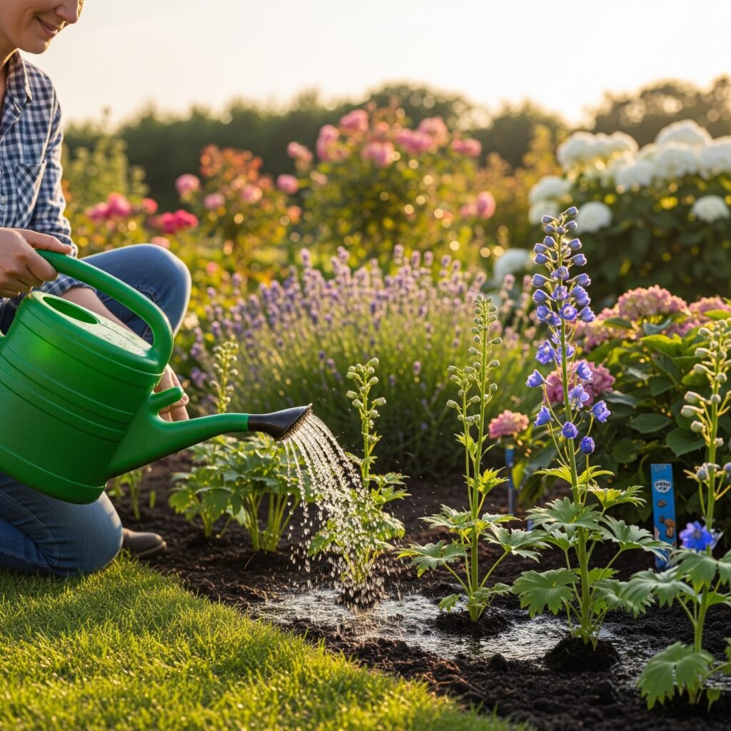 Watering newly established delphiniums - Space Ideas World Delphiniums Planting