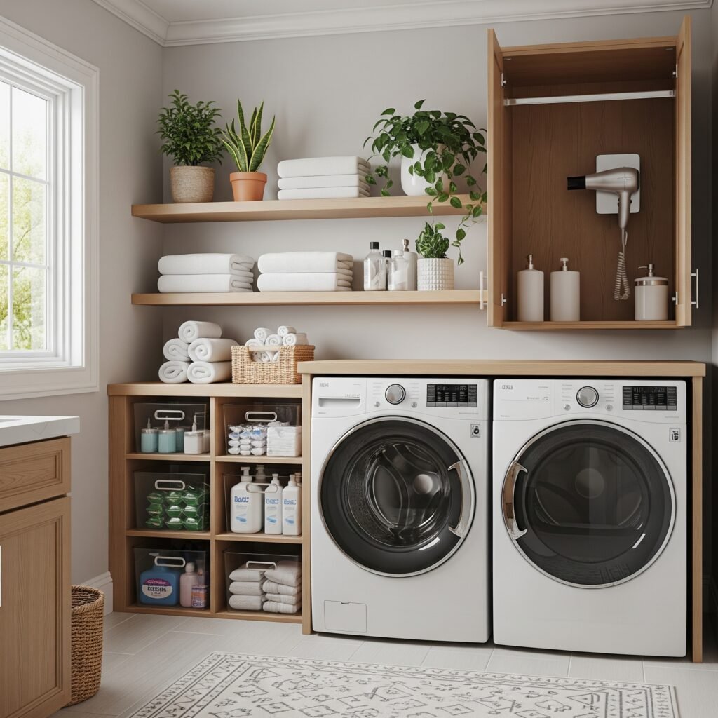 Open Shelving Cabinet Combination - Space Ideas World laundry room cabinet ideas