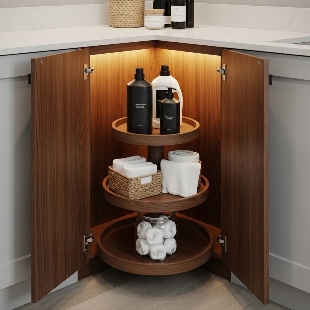 Corner cabinet with lazy Susan - Space Ideas World laundry room cabinet ideas
