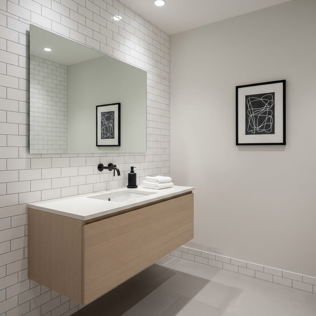Minimalist white powder room - Space Ideas World bathroom remodel