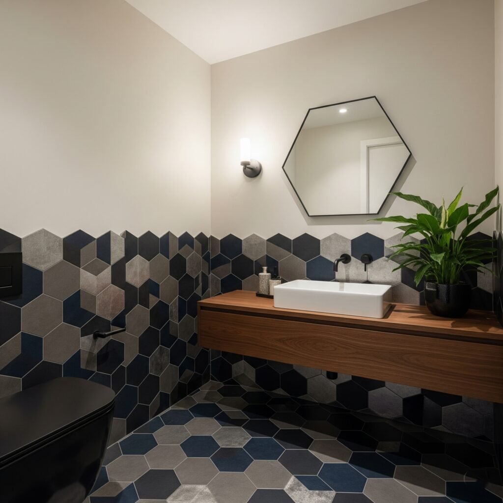 Powder room with bold hexagonal tile patterns - Space Ideas World bathroom remodel