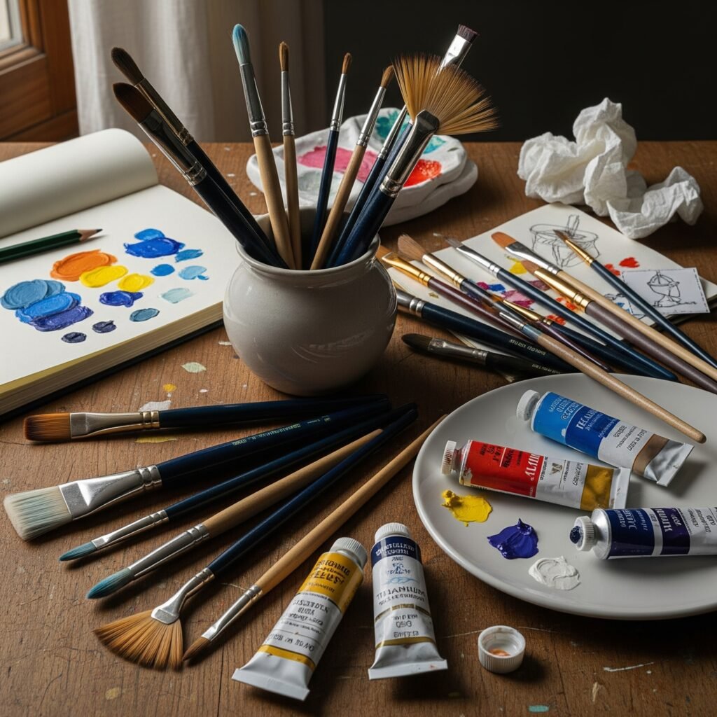 Various types of brushes - Space Ideas World gouache painting